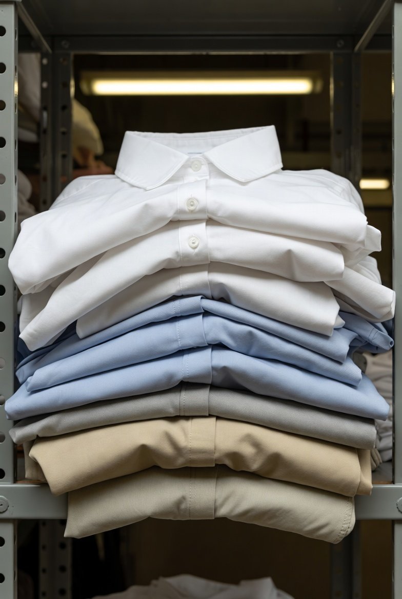 Folded shirts and blouses on shelf
