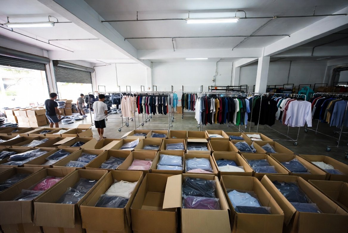 Warehouse floor in Singapore with stacked cartons and hanging adult clothing stock